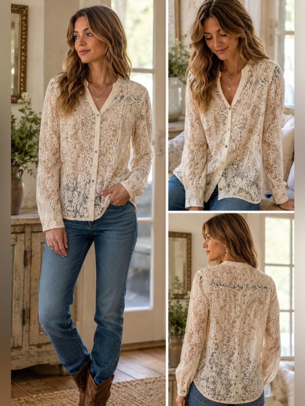 Sundance Sz Small Ivory Lace Mesh Embroidered Button Front Romantic Boho Blouse